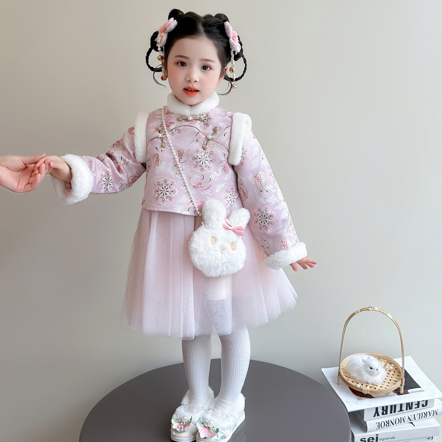 女小童新中式旗袍裙秋冬季儿童汉服网纱连衣裙女拜年服公主裙P111，童装连衣裙，祺妙童装