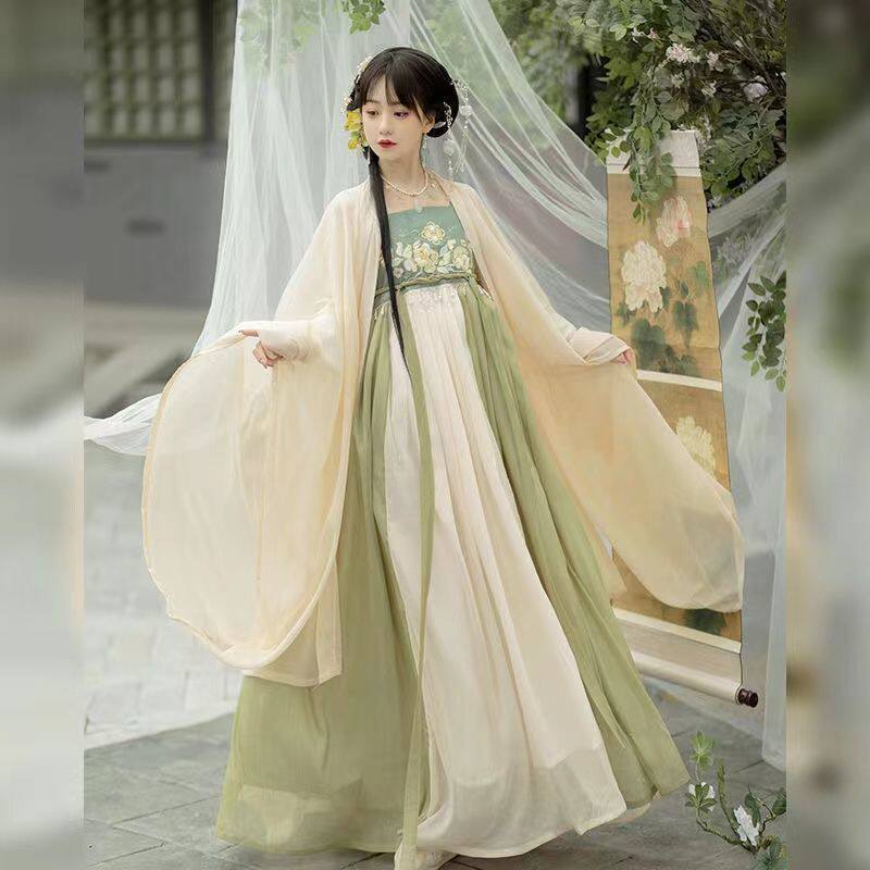 原创唐制诃子裙汉服女抹茶色2024夏季款一片式仙气学生日常