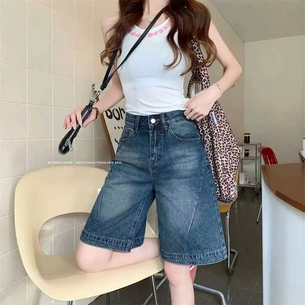 复古辣妹五分牛仔中裤女大码胖mm设计感夏腰宽松直筒阔腿中裤子