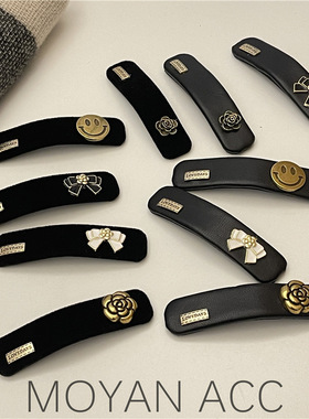 新款质感小香风金属皮质蝴蝶结 植绒山茶花发夹简约侧边刘海BB夹