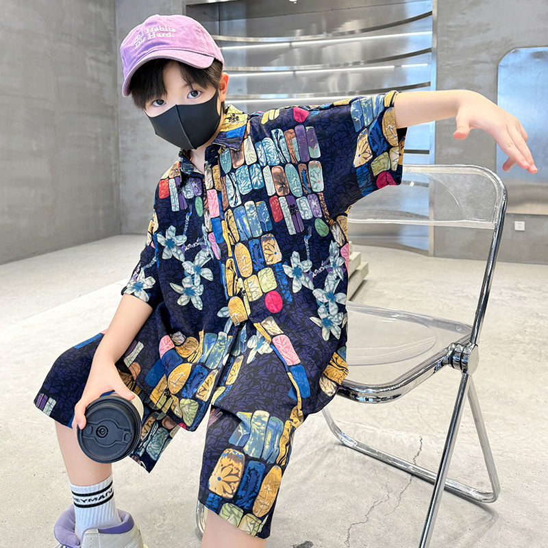 童夏装套装2025新款儿童夏季短袖衬衫短裤两件套薄款炸街衣服潮，童装休闲套装，祺妙童装