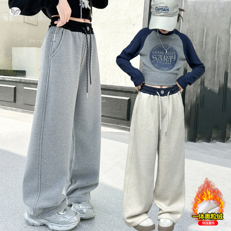 女童加绒长裤2025年秋冬新款绣花阔腿裤腰口撞色直筒裤窄版休闲裤，童装裤子，祺儿童装