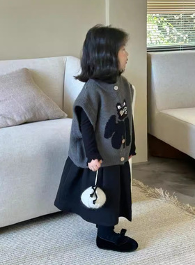 Meme 2025秋季新品韩版童装套装 卡通小猫背心+黑色打底衫+小黑裙