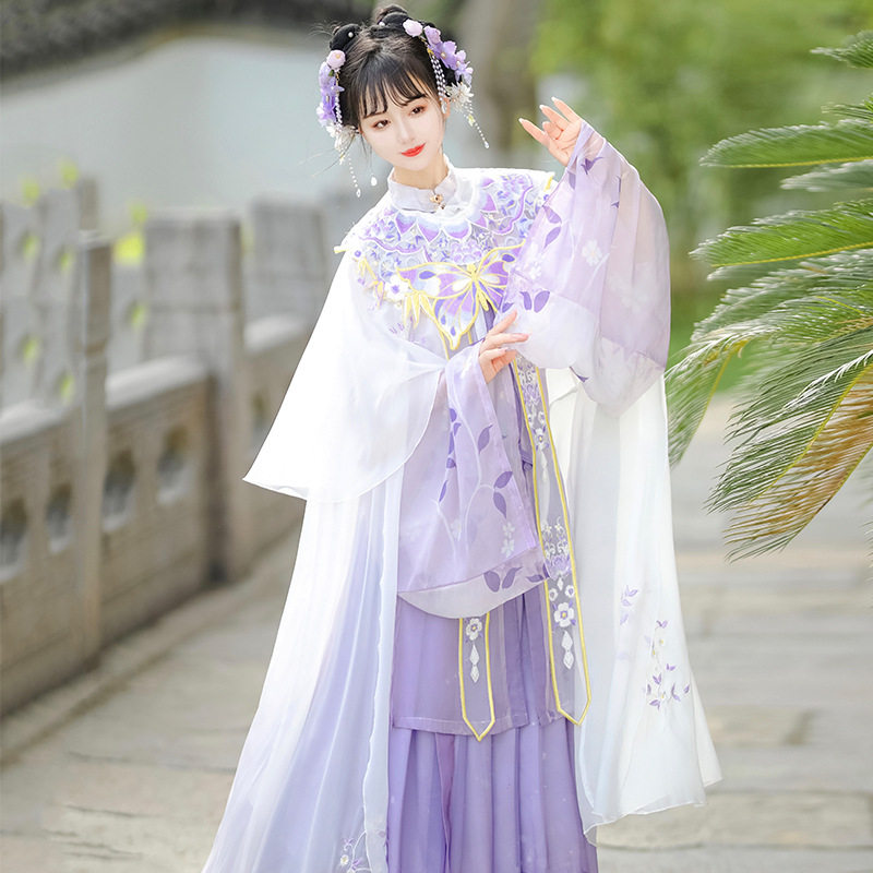 原创明制汉服女轻薄对襟立领长袄齐腰襦裙云肩披风绣花斗篷春夏款