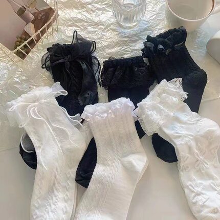 26春夏搭配光腿神器服饰蝴蝶结花边袜中筒可爱日系洛丽塔蕾丝jk
