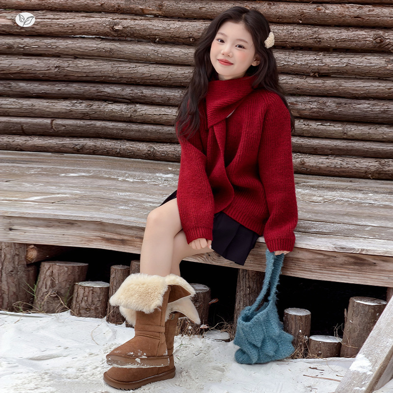 女童2025秋冬新款加厚红色毛衣百搭围脖针织衫中大童韩系长袖上衣，童装毛衣，祺儿童装