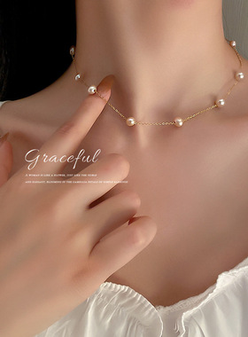 真金电镀韩国简约潮淡水珍珠项链锁骨链颈链少女气质设计感项饰女