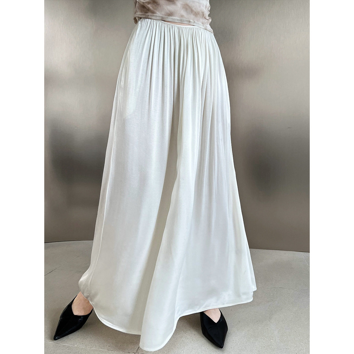 法式褶皱仿醋酸缎面半身裙a字到脚踝垂感大摆半裙长裙子