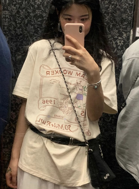 modest mood现货25夏款韩国东大门宽松显瘦白色复古印花短袖T恤女