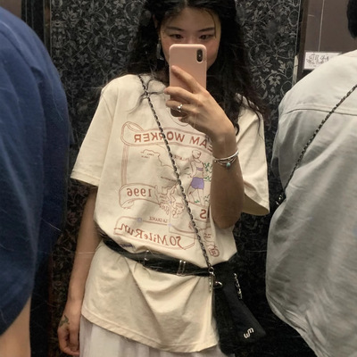 宽松显瘦纯棉女复古短袖印花棉韩