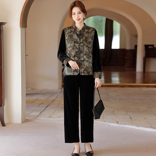 200斤胖妈妈秋季套装新中式国风马甲三件套中老年春秋大码上衣女