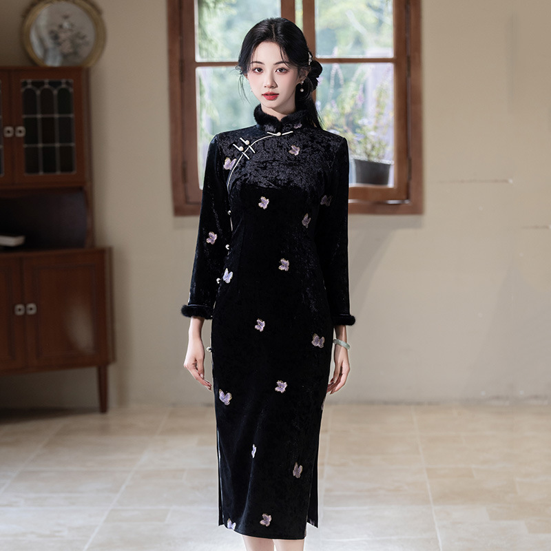 黑色加绒加厚冬装国风新中式长款长袖改良旗袍年轻款女复古秋冬季