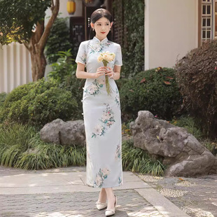 素雅印花旗袍2024春夏复古民国风优雅气质年轻款少女连衣裙茶服