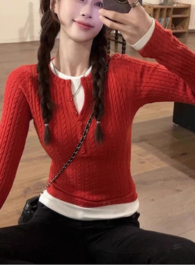 红色麻花针织打底衫女冬季甜辣妹修身长袖毛衣内搭设计感小众上衣