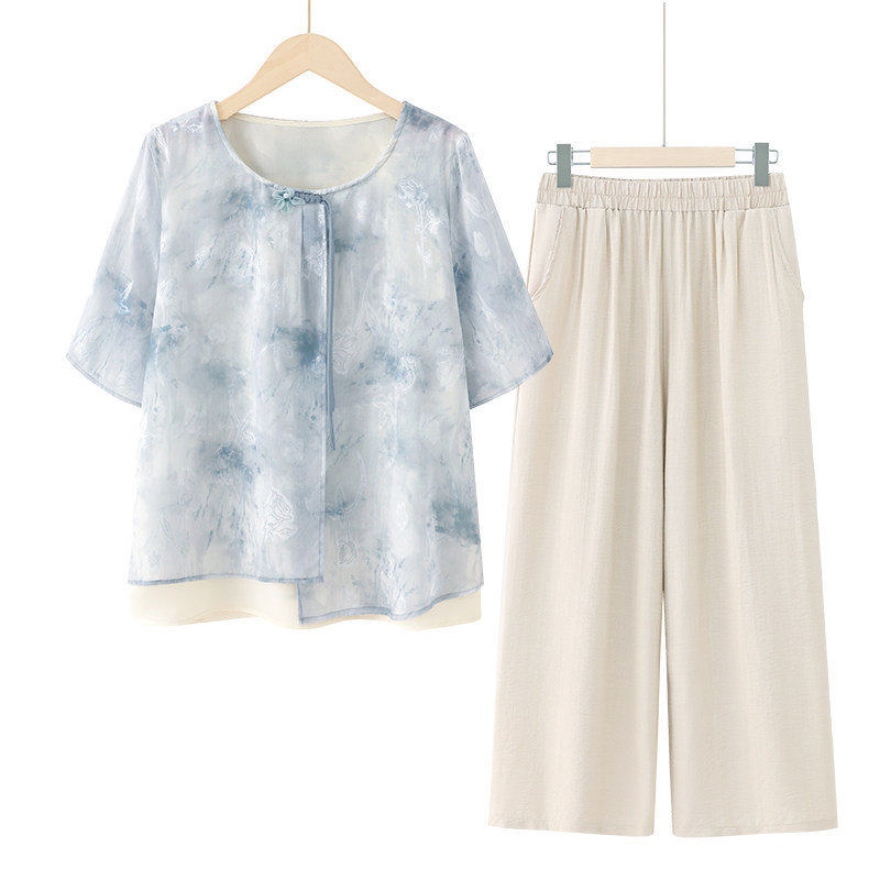 夏天短袖妈妈装套装夏季新款雪纺花T恤小衫中老年女装时尚上衣服