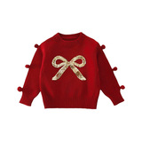 女童毛衣秋冬季2025新款洋气时髦儿童加厚冬装女蝴蝶结针织衫P75，童装毛衣，祺妙童装