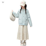 女童秋冬加绒毛衣2025年新款提花针织套头衫中大童百搭打底衫上衣，童装毛衣，祺儿童装