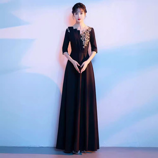 黑色大合唱团演出服成人女长裙显瘦诗歌朗诵主持人指挥气质晚礼服