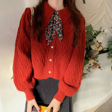 娃娃领毛衣女短款外套秋冬新款加厚小个子灯笼袖针织开衫学生上衣