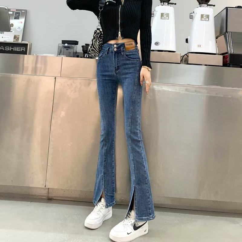 蓝色弹力微喇叭牛仔裤女2025年夏季新款腰显瘦开叉阔腿女裤ins,女装/女士精品,牛仔裤,淘宝优惠券,粉丝福利购,淘宝优惠卷