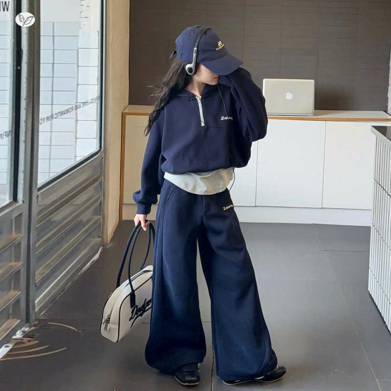 女童运动套装2025秋季新款中大童假两件卫衣阔腿裤绣花两件套春秋，童装休闲套装，祺儿童装