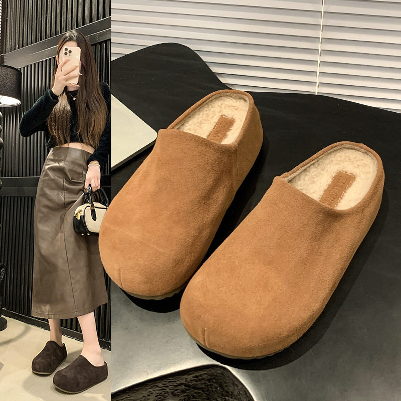2025新款牛皮版磨砂真皮绒羊羔毛毛厚底平跟女鞋勃肯鞋包头拖鞋潮