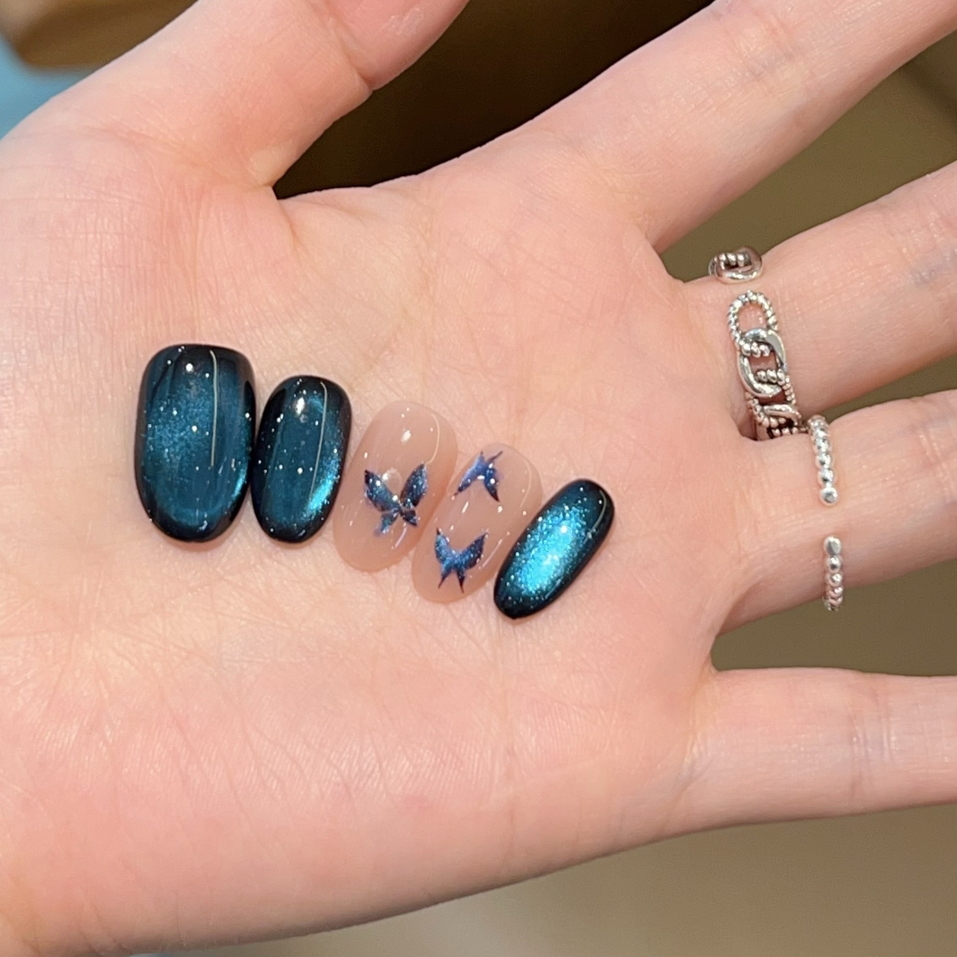 【蓝色妖姬】手绘蝴蝶结蓝色猫眼纯手工穿戴甲J323款带盒子工具包