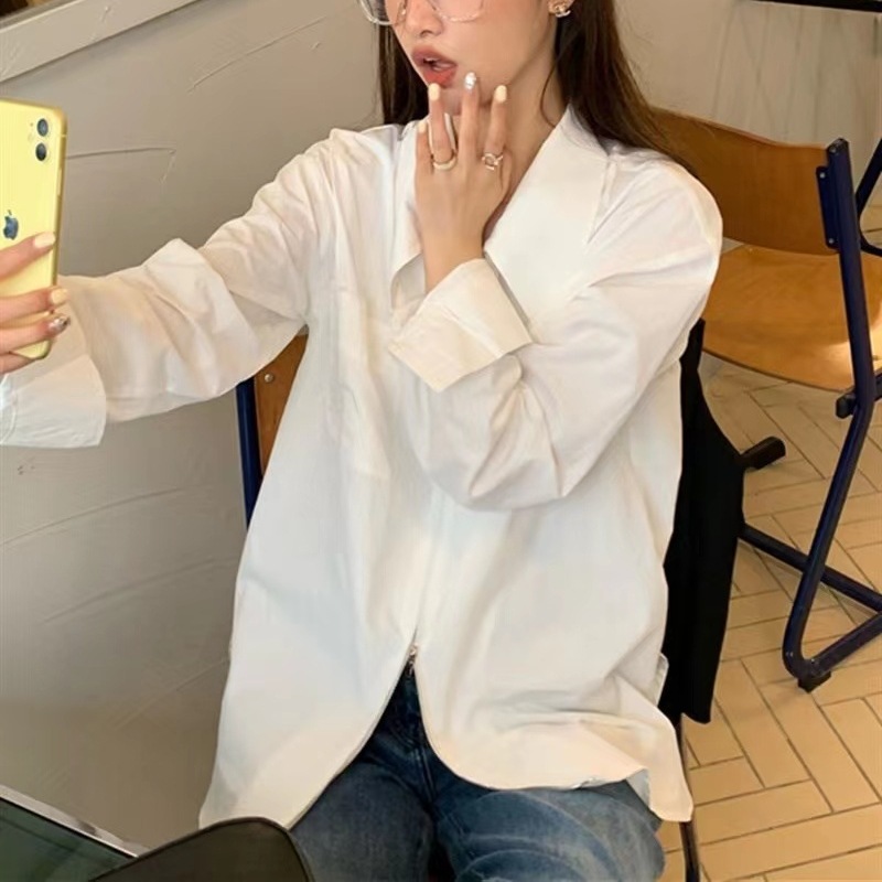 白衬衫女春秋新款长袖法式宽松百搭气质中长款拉链设计感防晒上衣