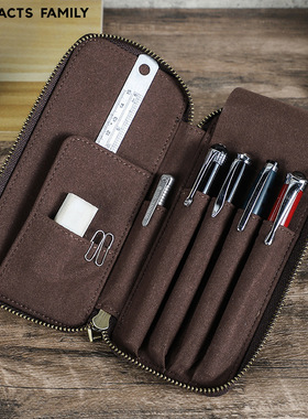 复古牛皮真皮质钢笔袋4支装多功能收纳包手工制学生文具盒拉链袋