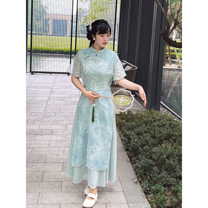 夏季新款2025假两件新中式气质旗袍裙清新雅致大码连衣裙200斤潮