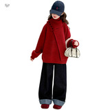 女童加厚毛衣套装2025秋冬新款围巾针织衫阔腿裤两件套中大童年服，童装毛衣，祺儿童装