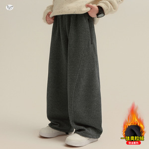 女童秋冬加绒弯刀裤2025年新款中大童纯色休闲阔腿裤保暖卫裤长裤，童装裤子，祺儿童装