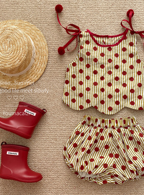 乐晨家2023夏装新品女童波点宝宝套装可爱洋气无袖短裤两件套