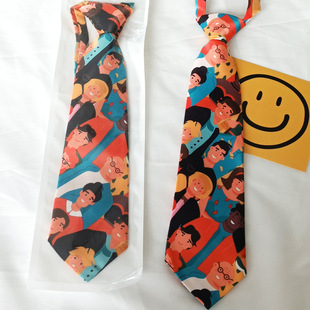 个性小众印花领带女卡通人物绘画画像橘色免打短款学生领带装饰潮