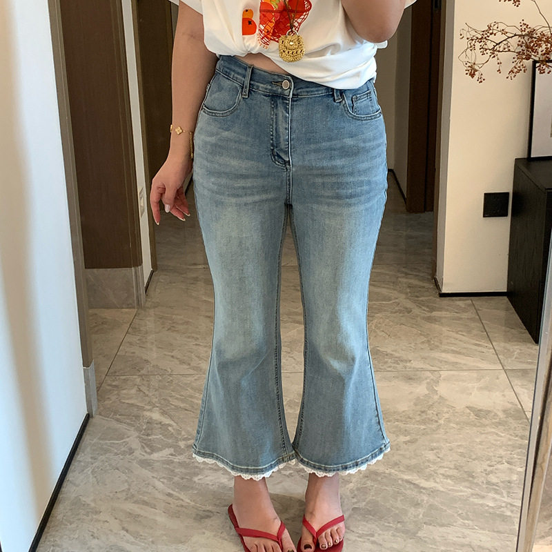 加肥加大200斤大码女装微胖胖mm夏休闲百搭花边微喇牛仔裤喇叭裤