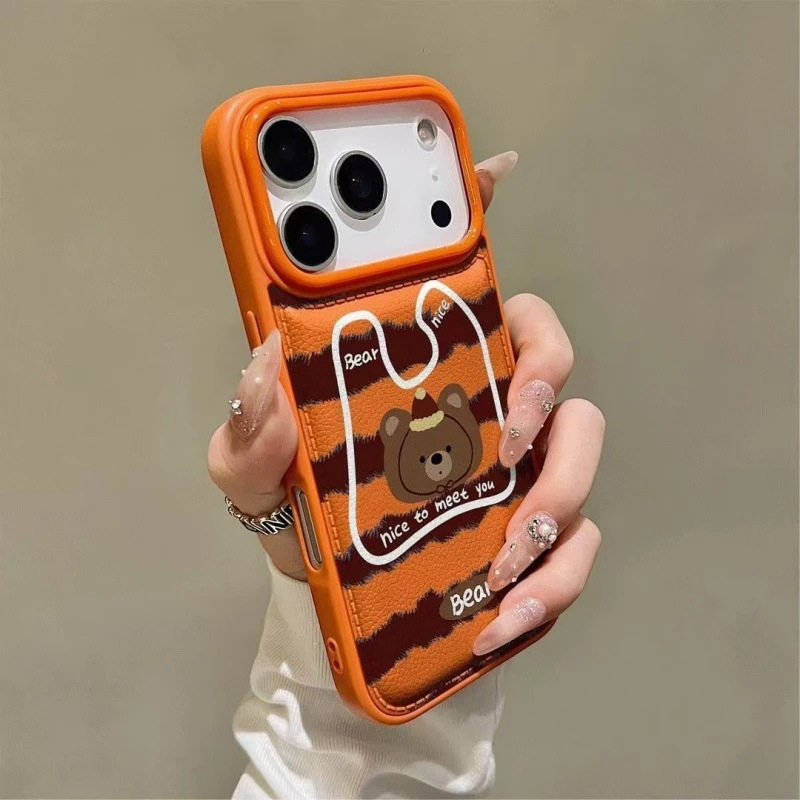 条纹布袋小熊适用苹果16/17Promax手机壳IP15鼓包皮纹