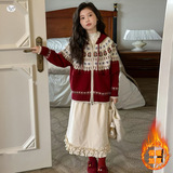 女童2025年春秋新款圣诞毛衣女大童提花连帽针织衫外套可内搭外穿，童装毛衣，祺儿童装