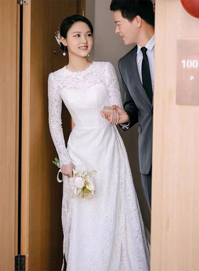 法式蕾丝婚纱2025新款新娘大气简约长袖冬季出门迎宾纱小拖尾婚纱