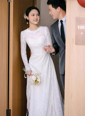 法式蕾丝婚纱2025新款新娘大气简约长袖冬季出门迎宾纱小拖尾婚纱