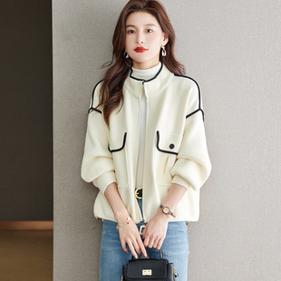 小香风毛呢外套女秋冬2025新立领气质短小个子针织开衫棒球服上衣