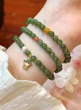 天然和田玉三圈手链女式碧玉圆珠手串新中式复古蜜蜡南红财神手饰