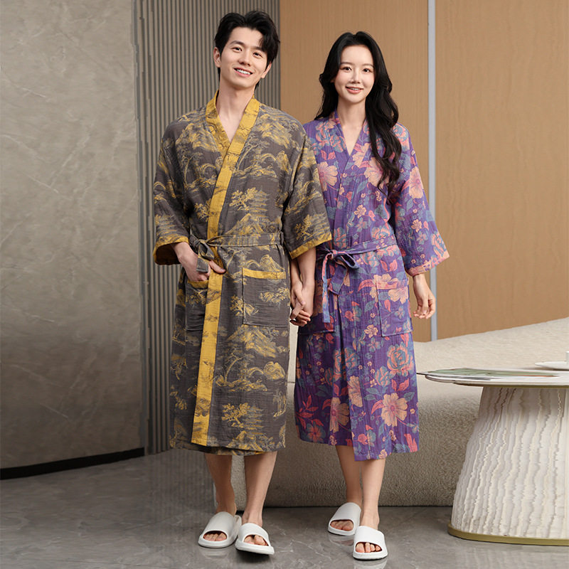 双层纱布纯棉汉服交领右衽睡袍美容院男女七分袖国风酒店情侣浴袍