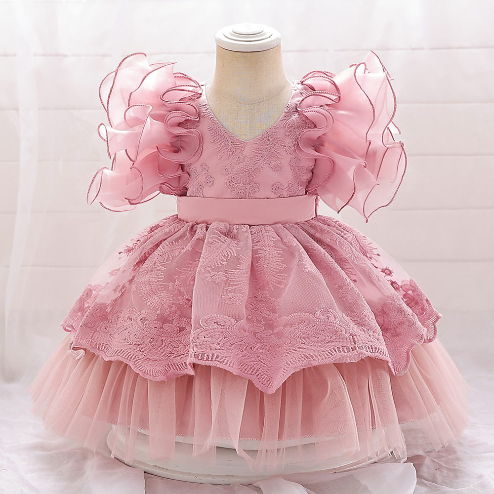 跨境亚马逊婴幼儿礼服 刺绣网纱童礼服裙 欧美外贸女童洗礼服