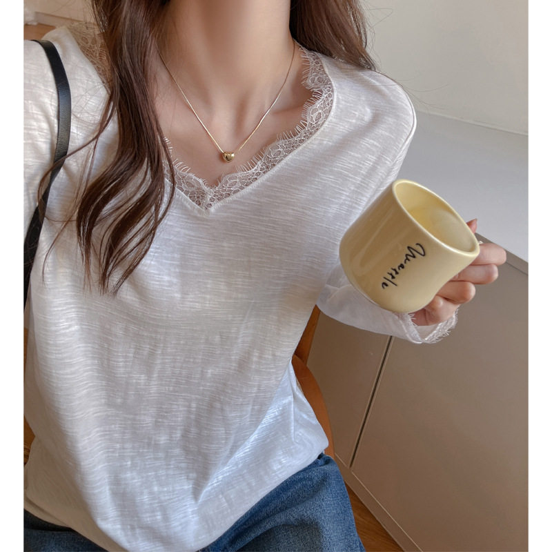100%纯棉v领蕾丝宽松版正肩t恤女秋冬慵懒风级感长袖打底衫上衣