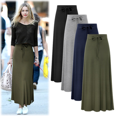 中长开衩A字裙过膝 autumn winter women long knit lady skirts