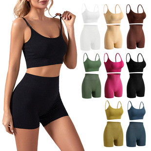 Piece Tank sets Shorts Crop Women Ribbed Yoga Seamless