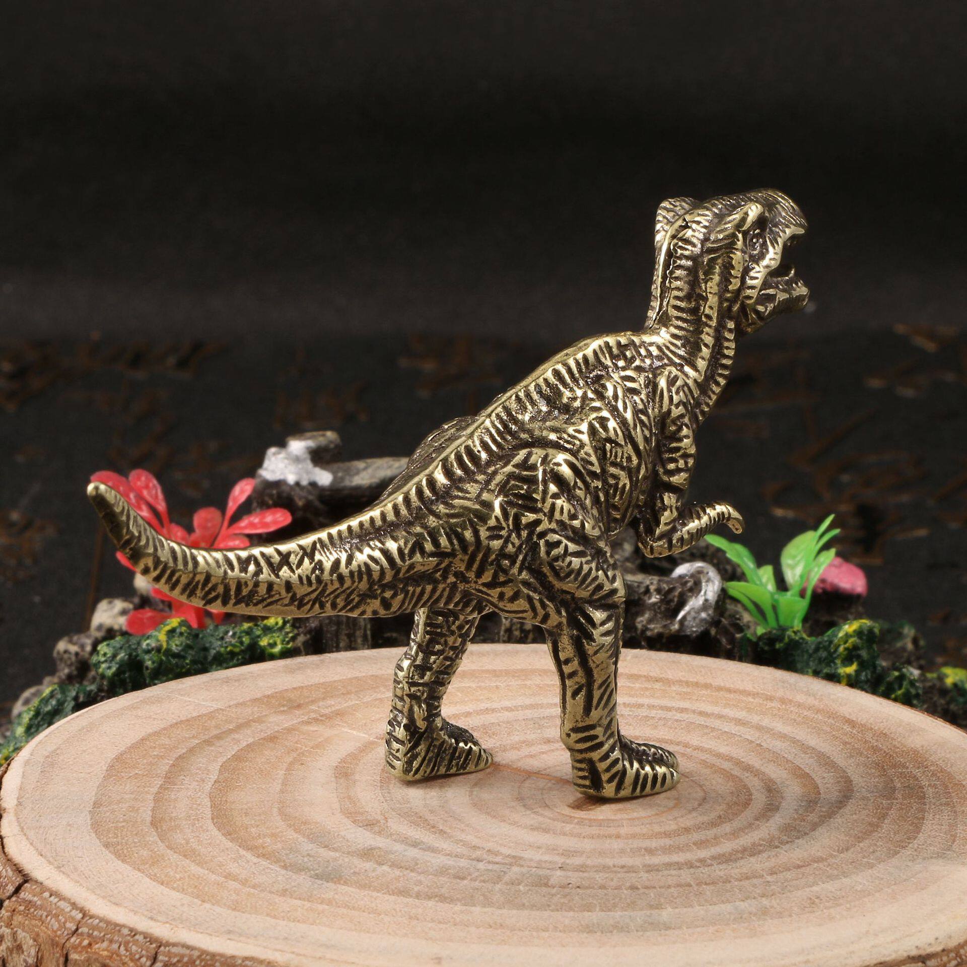 纯黄铜手工匠复古法作旧典藏国风艺术侏罗纪美式双冠恐龙摆件茶宠