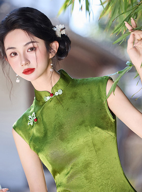 3681绿色年轻款少女新中式日常旗袍连衣裙夏季