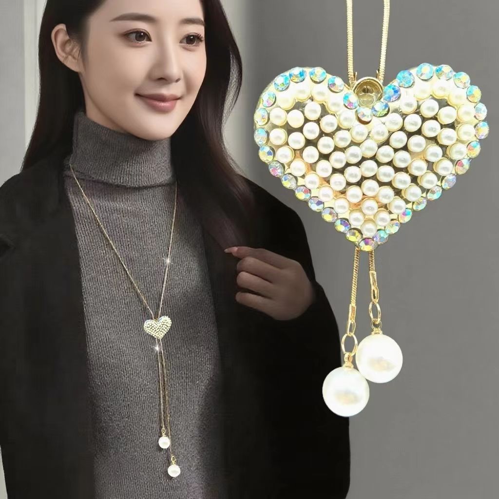 秋冬珍珠毛衣链简约长款项链爱心雪花吊坠小众流苏饰品配饰挂件女