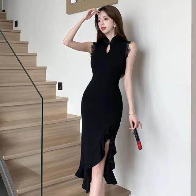 气质女荷叶边开叉水滴蕾丝边气质性感无袖旗袍连衣裙